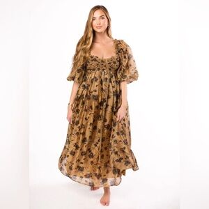 Worth Collective Women's Camel Black Floral Puff Sleeve Maxi Dress SZ Large NWT
